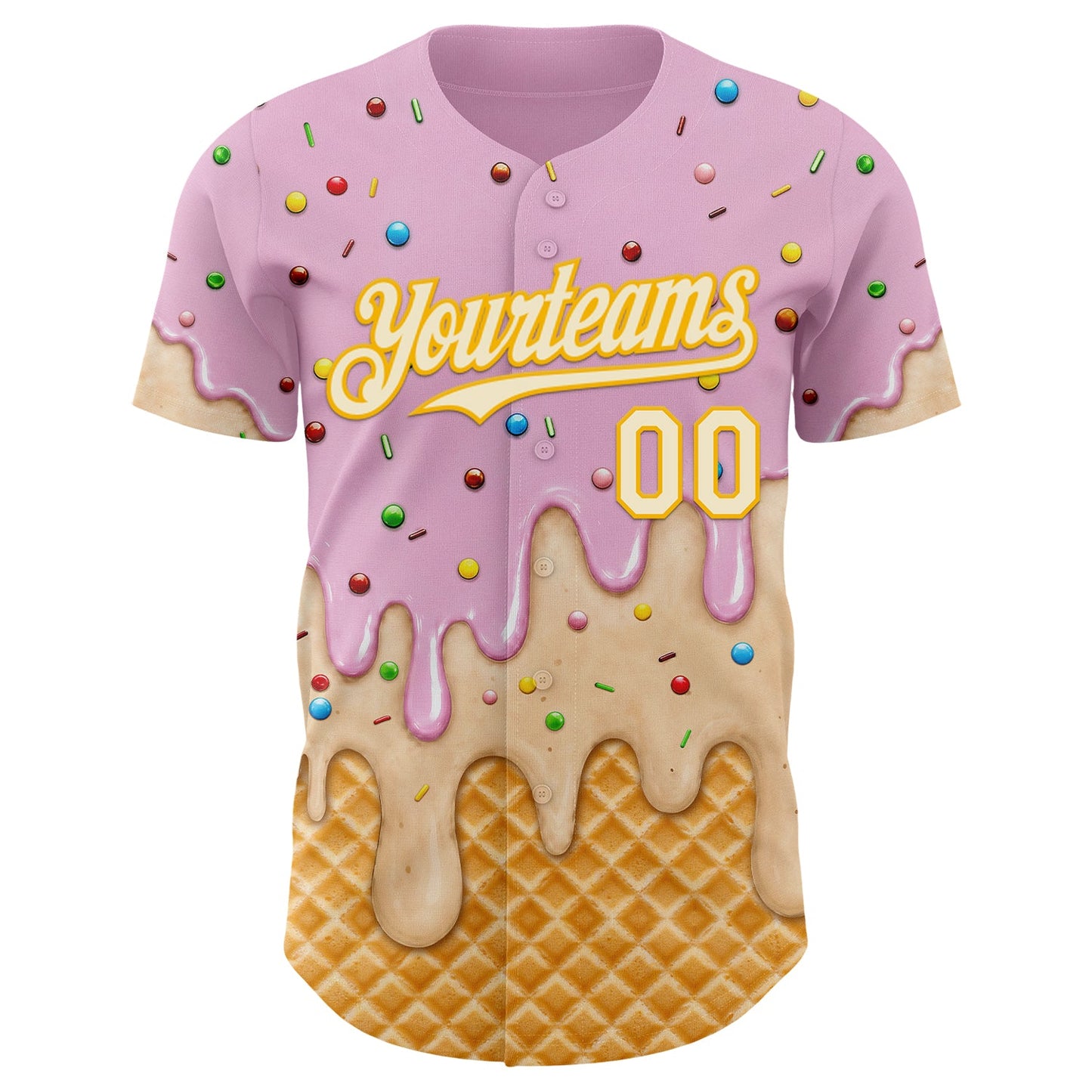 Custom Light Pink Cream-Gold Ice Cream Waffle Foodie Dessert Authentic Baseball Jersey view 3