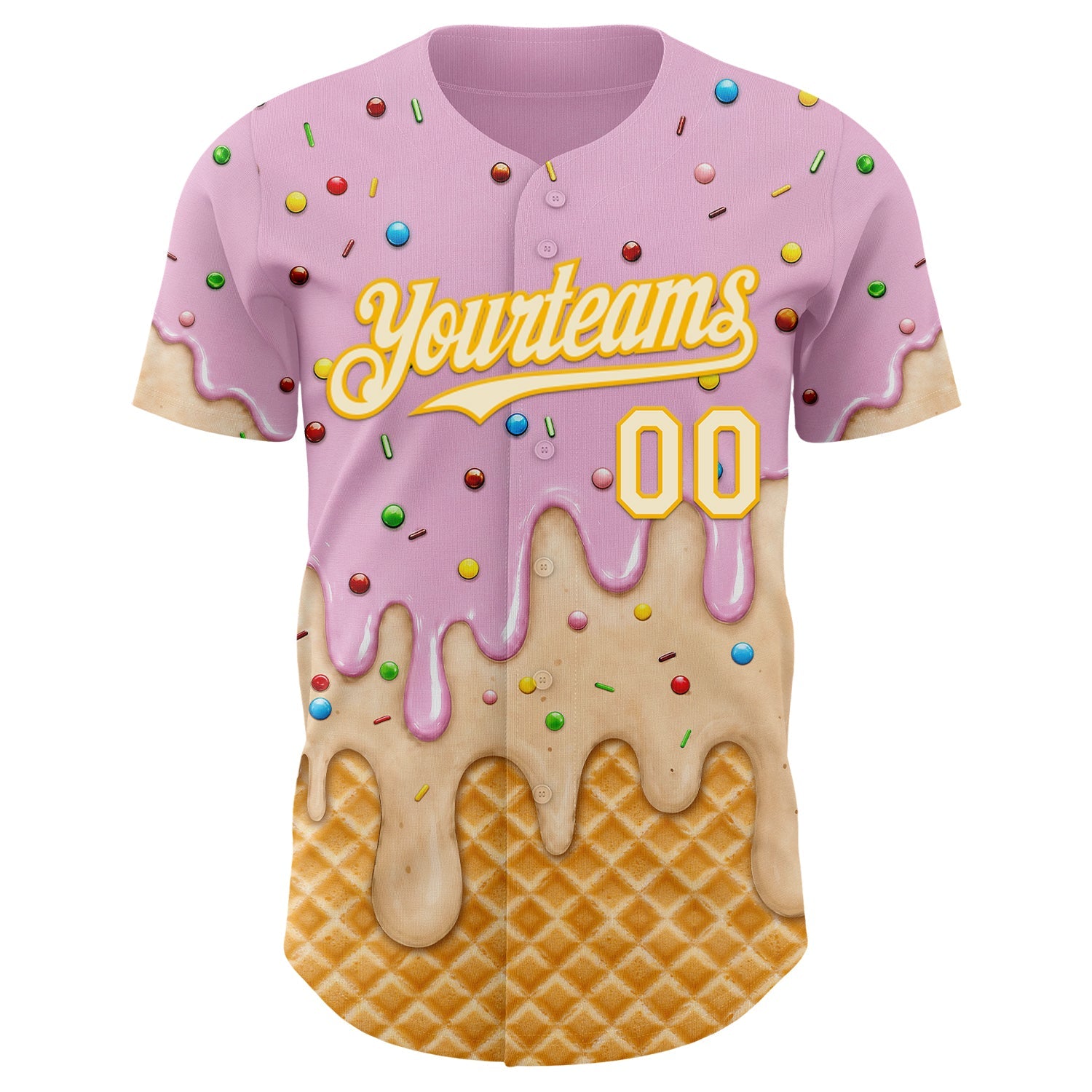 Custom Light Pink Cream-Gold Ice Cream Waffle Foodie Dessert Authentic Baseball Jersey view 3