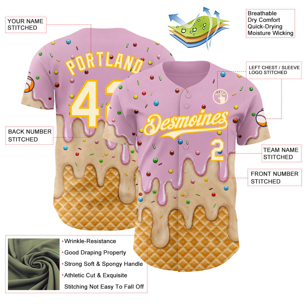 Custom Light Pink Cream-Gold Ice Cream Waffle Foodie Dessert Authentic Baseball Jersey view 4