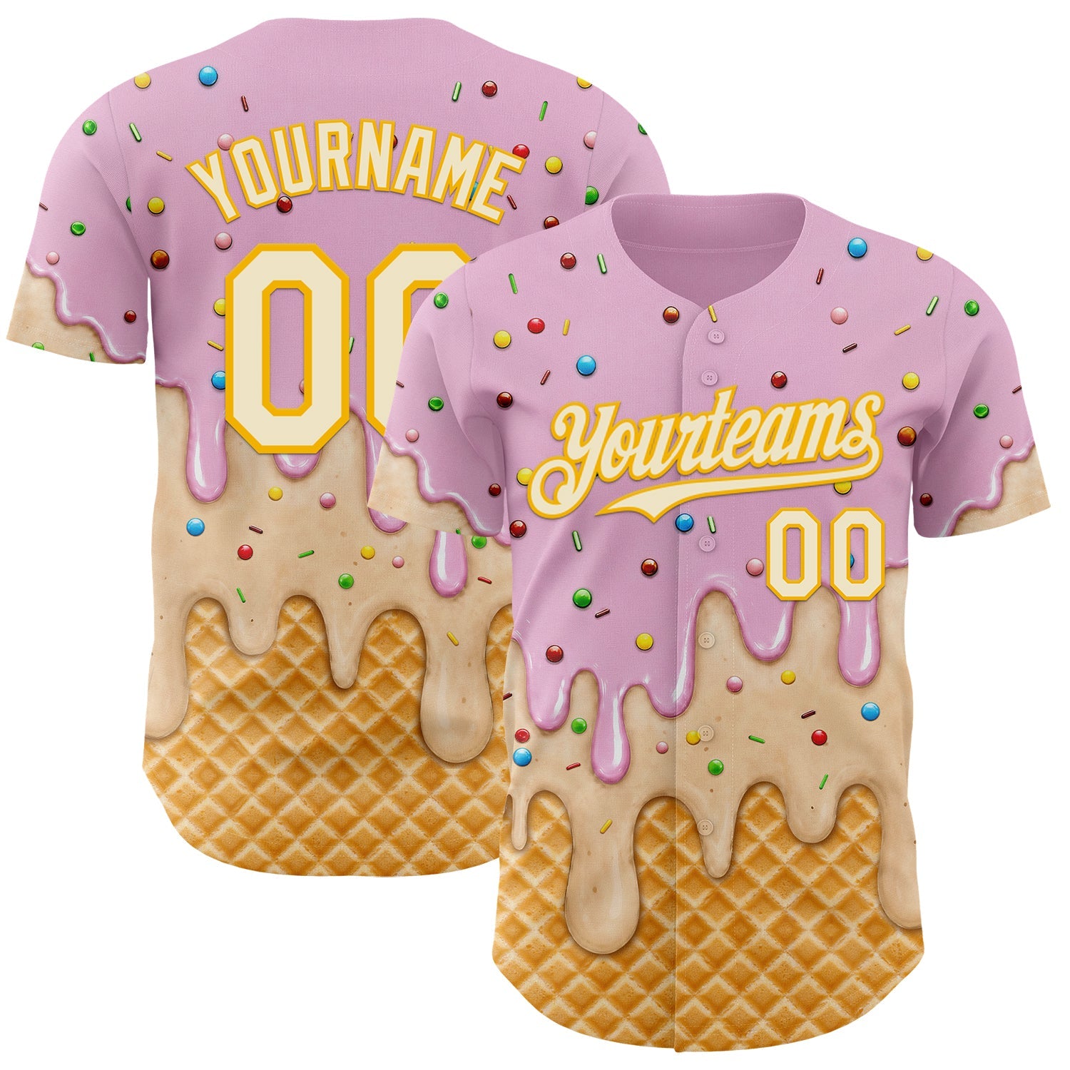 Custom Light Pink Cream-Gold Ice Cream Waffle Foodie Dessert Authentic Baseball Jersey - Main View