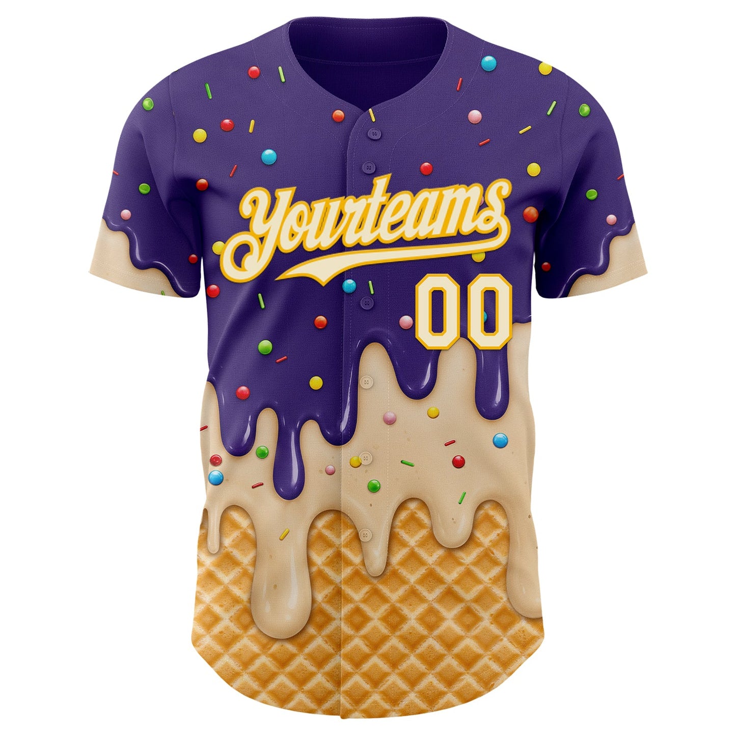 Custom Purple Cream-Gold Ice Cream Waffle Foodie Dessert Authentic Baseball Jersey view 3