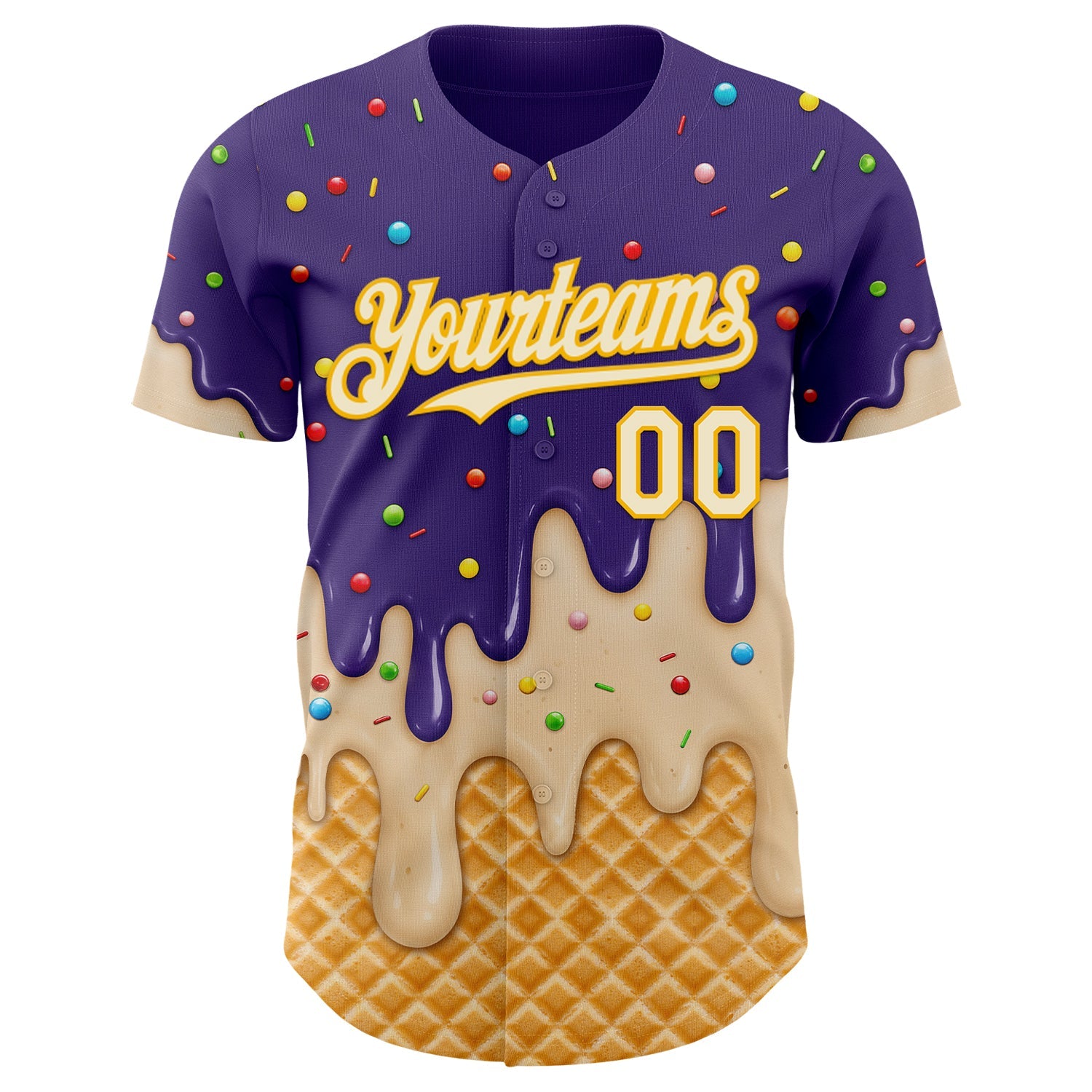 Custom Purple Cream-Gold Ice Cream Waffle Foodie Dessert Authentic Baseball Jersey view 3