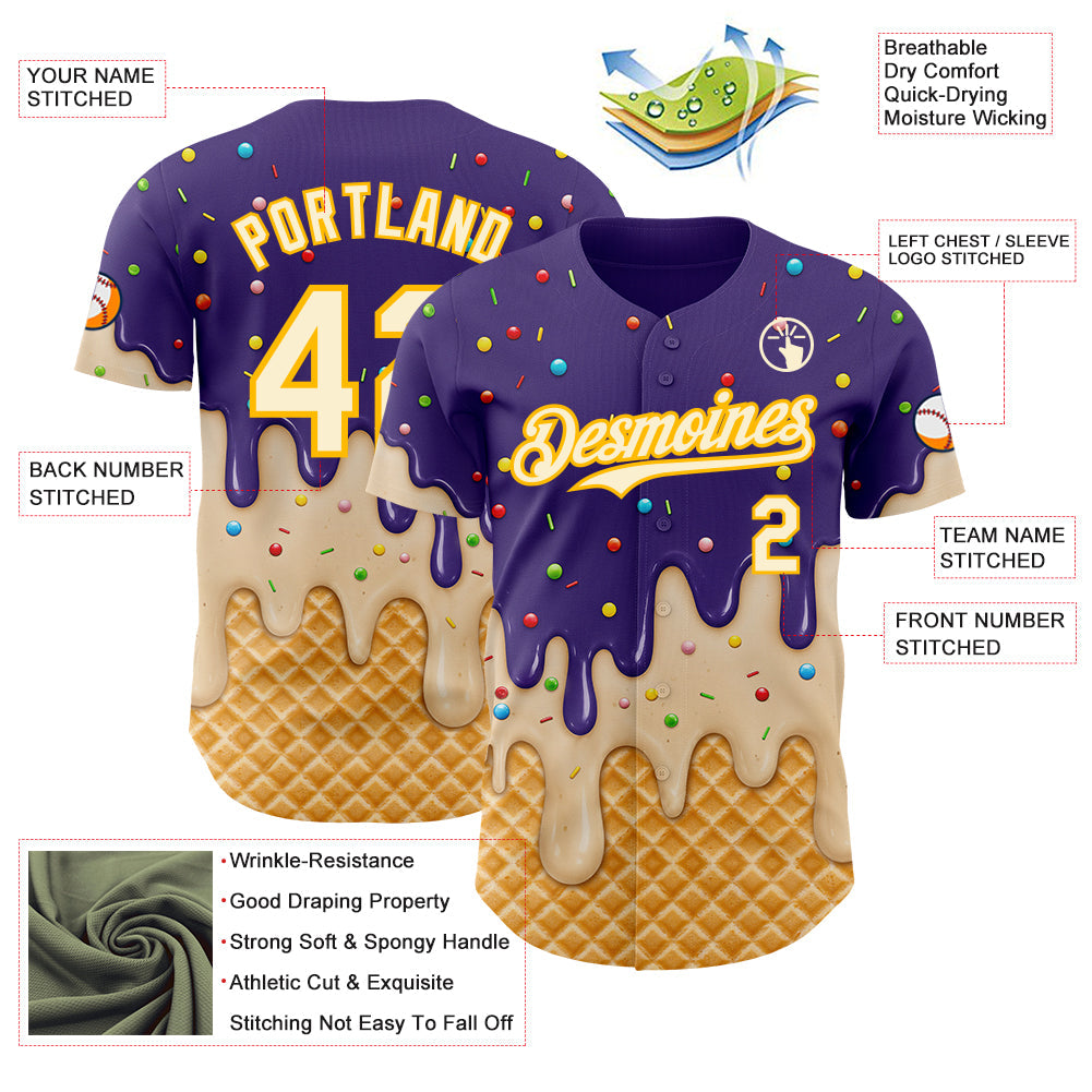 Custom Purple Cream-Gold Ice Cream Waffle Foodie Dessert Authentic Baseball Jersey view 4