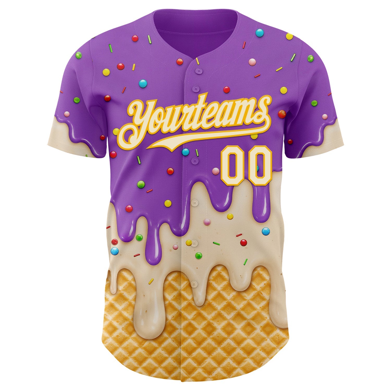 Custom Medium Purple Cream-Gold Ice Cream Waffle Foodie Dessert Authentic Baseball Jersey view 3