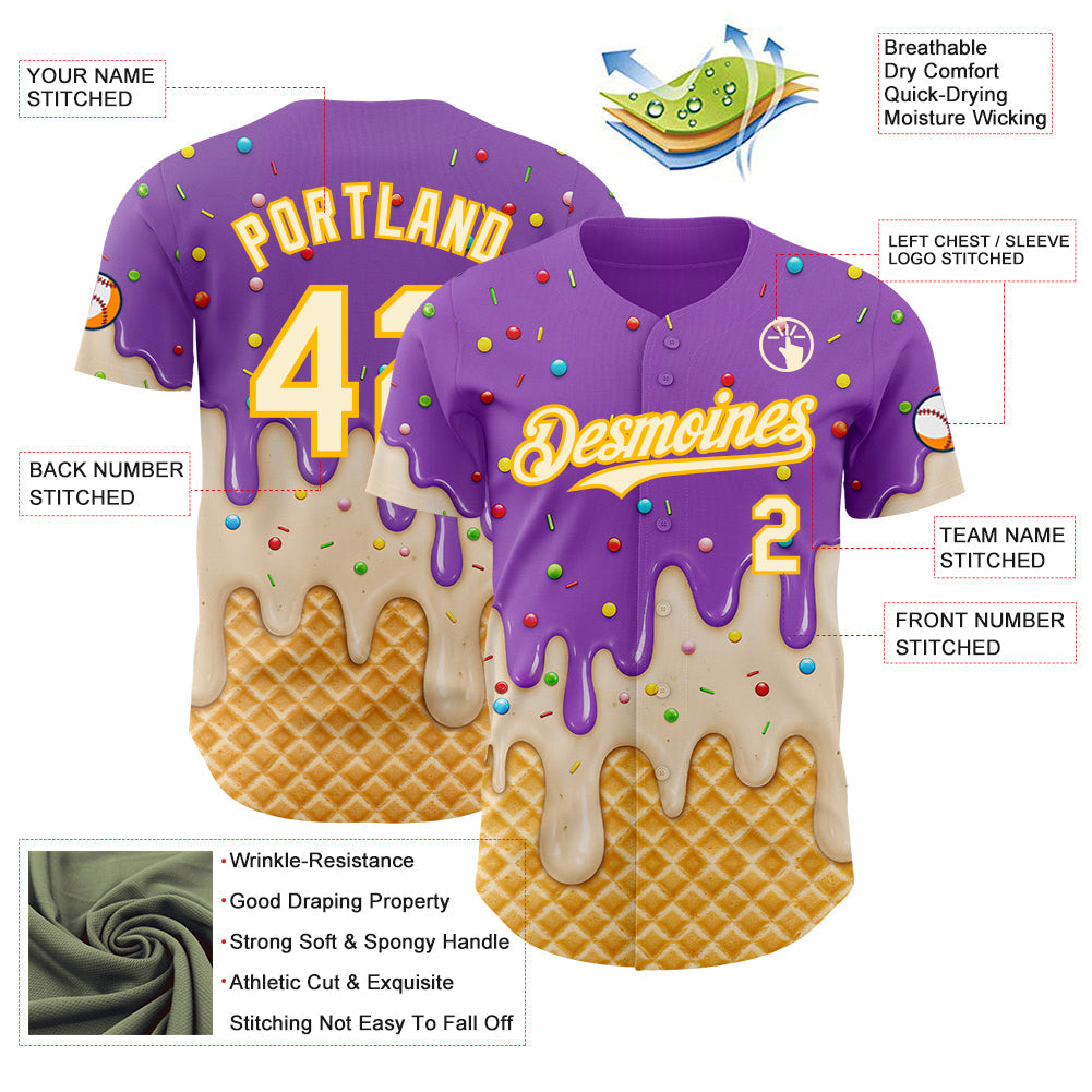 Custom Medium Purple Cream-Gold Ice Cream Waffle Foodie Dessert Authentic Baseball Jersey view 4