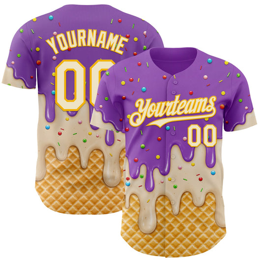 Custom Medium Purple Cream-Gold Ice Cream Waffle Foodie Dessert Authentic Baseball Jersey - Main View