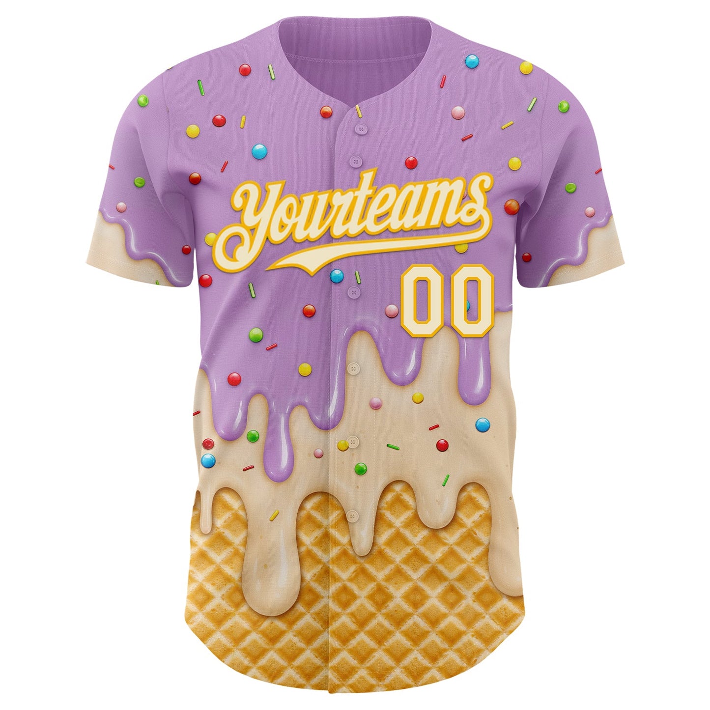 Custom Light Purple Cream-Gold Ice Cream Waffle Foodie Dessert Authentic Baseball Jersey view 3