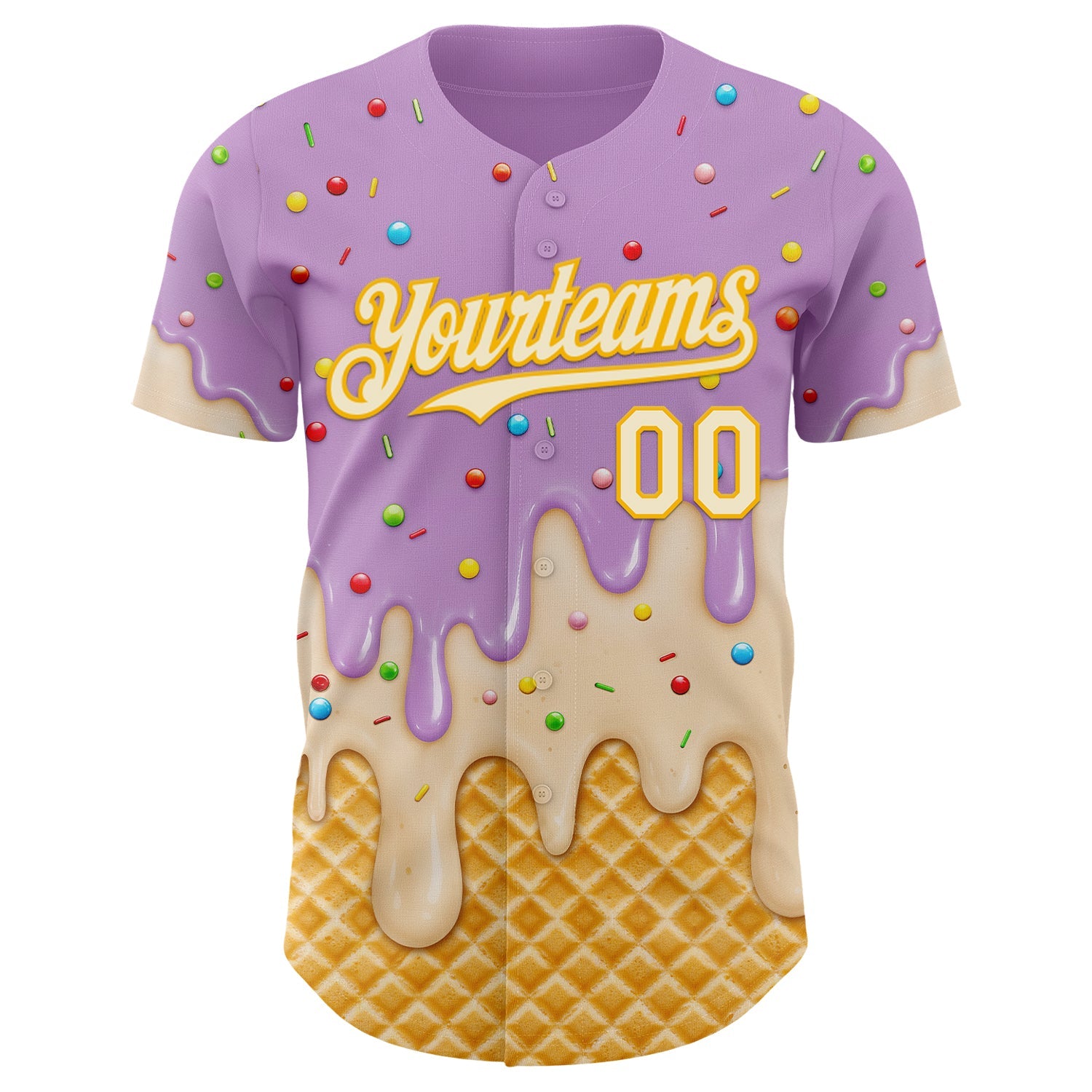 Custom Light Purple Cream-Gold Ice Cream Waffle Foodie Dessert Authentic Baseball Jersey view 3