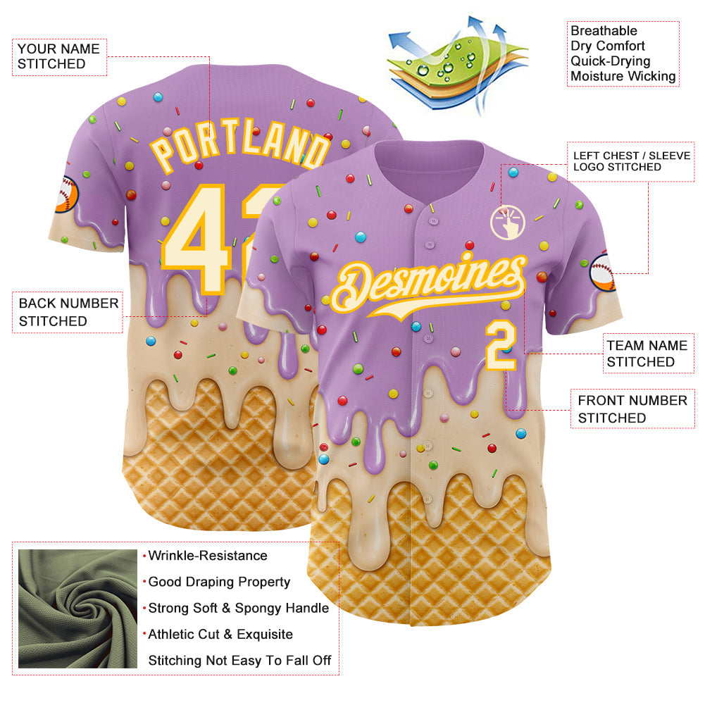 Custom Light Purple Cream-Gold Ice Cream Waffle Foodie Dessert Authentic Baseball Jersey view 4
