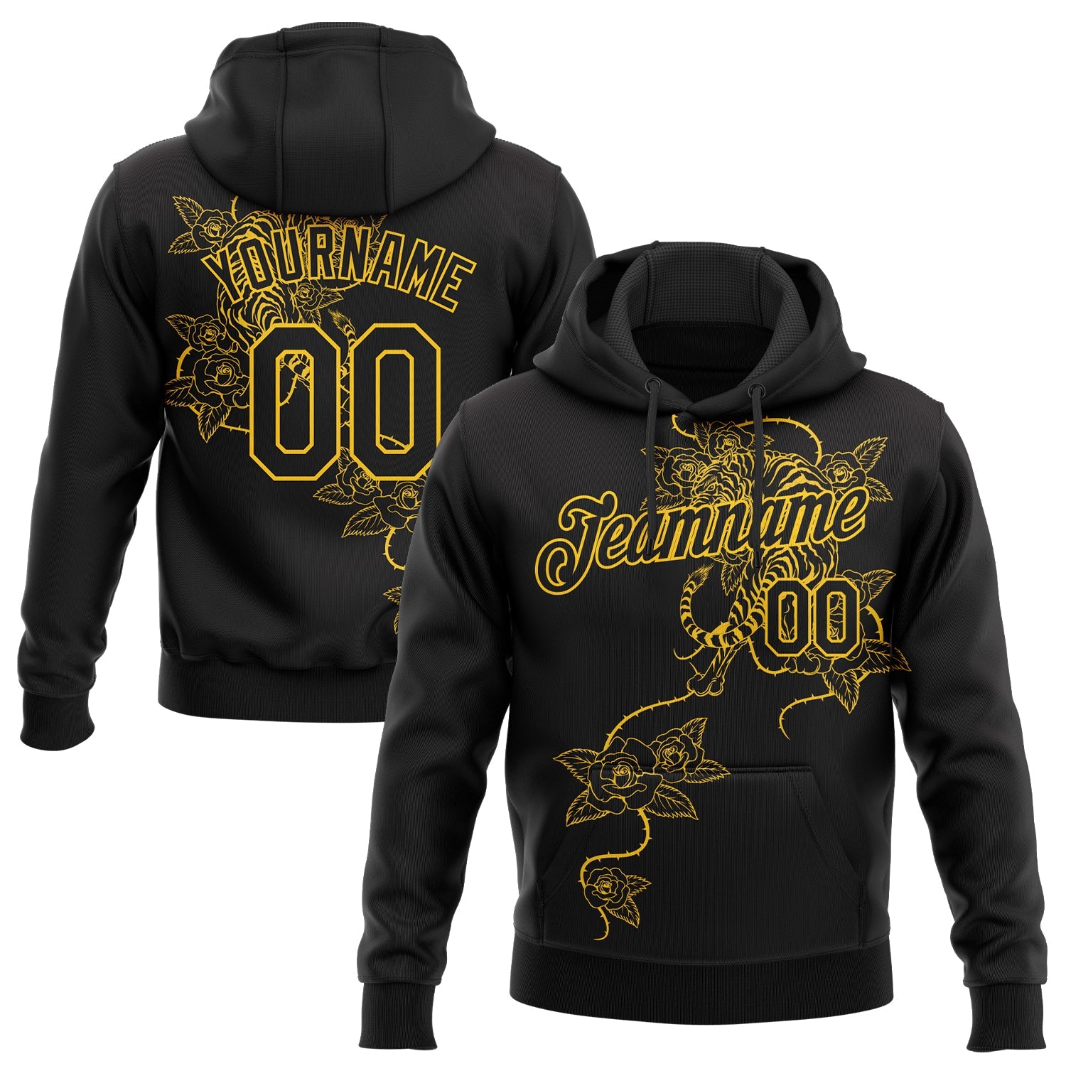 Custom Stitched Black Yellow 3D Pattern Design Tiger And Flower Sports Pullover Sweatshirt Hoodie - Main View