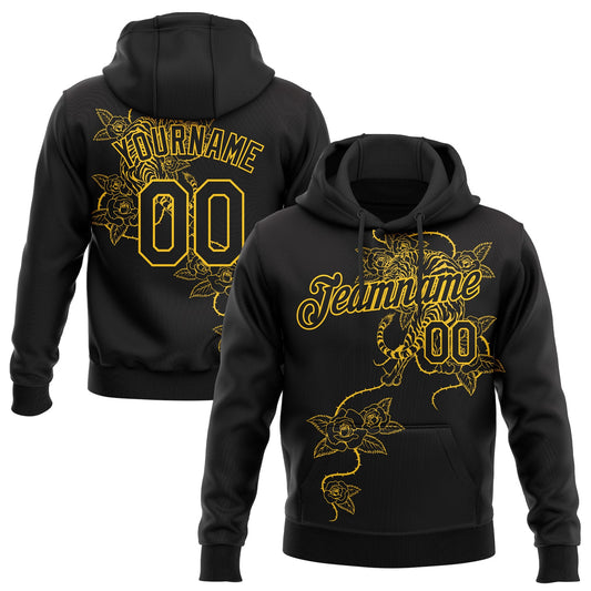Custom Stitched Black Yellow 3D Pattern Design Tiger And Flower Sports Pullover Sweatshirt Hoodie - Main View