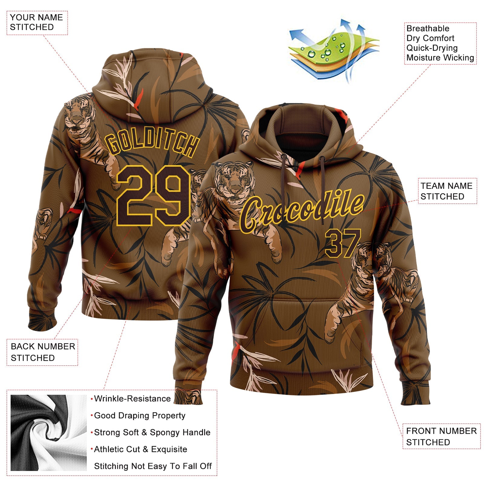 Custom Stitched Brown Yellow 3D Pattern Design Tiger And Plants Sports Pullover Sweatshirt Hoodie view 2