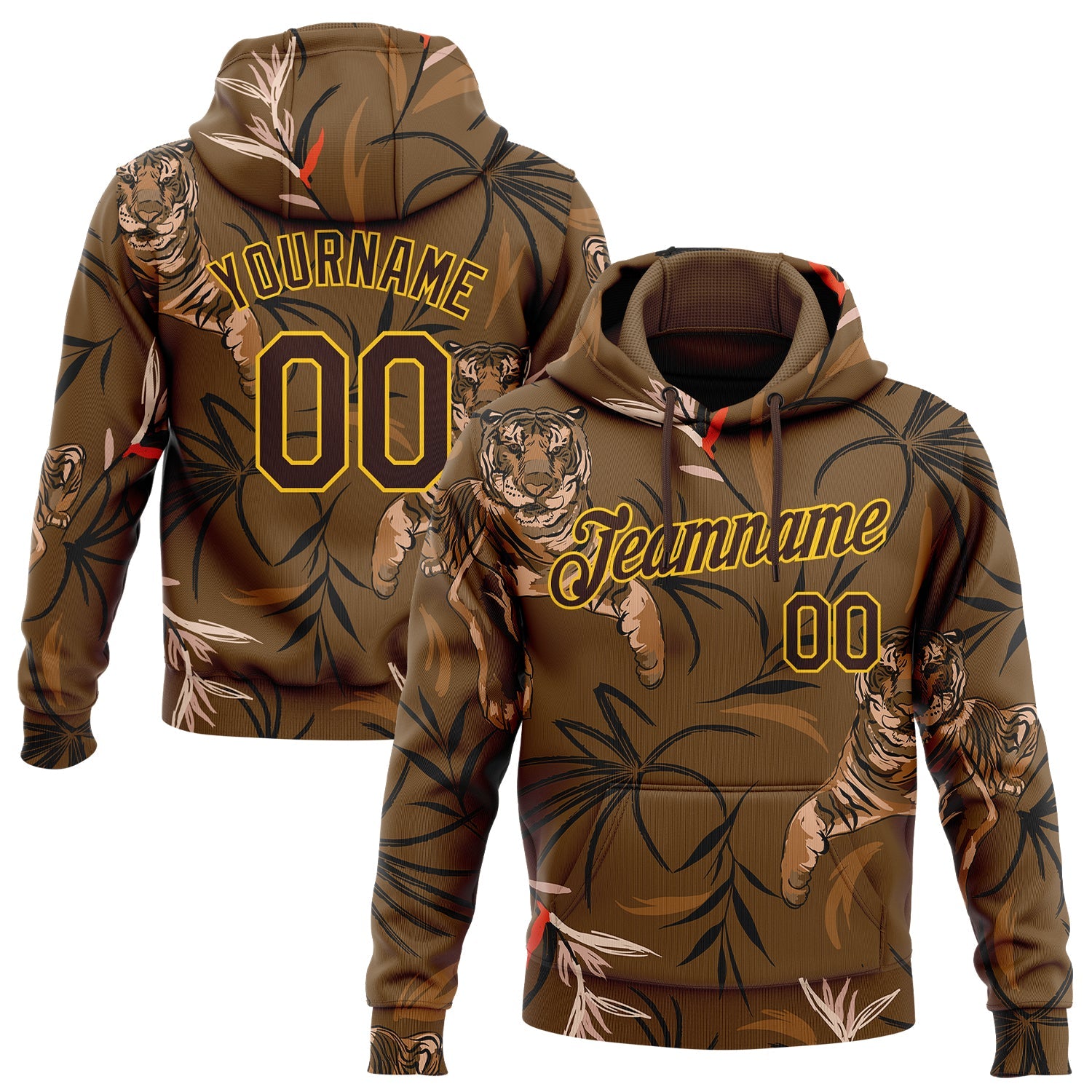 Custom Stitched Brown Yellow 3D Pattern Design Tiger And Plants Sports Pullover Sweatshirt Hoodie - Main View
