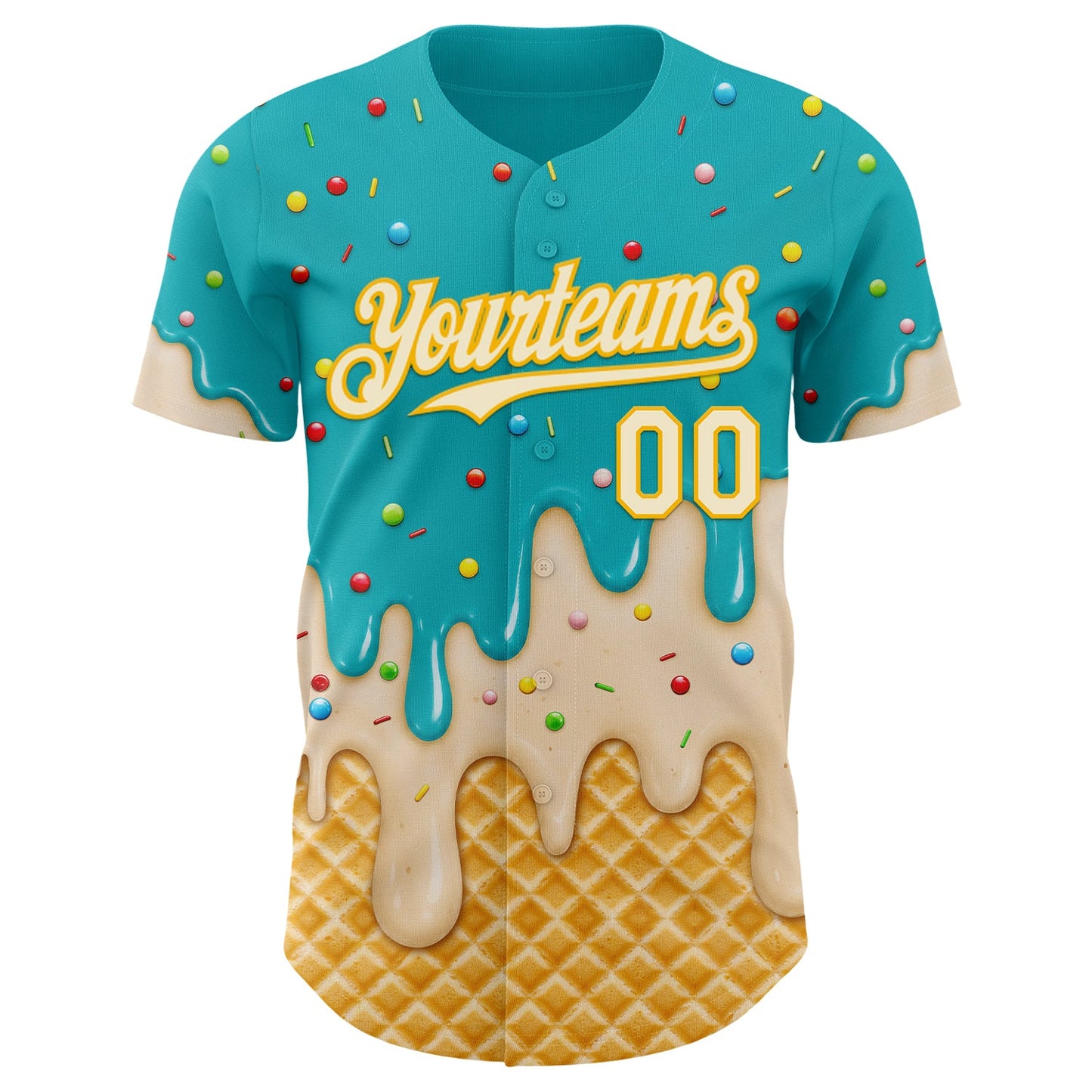 Custom Aqua Cream-Gold Ice Cream Waffle Foodie Dessert Authentic Baseball Jersey view 3