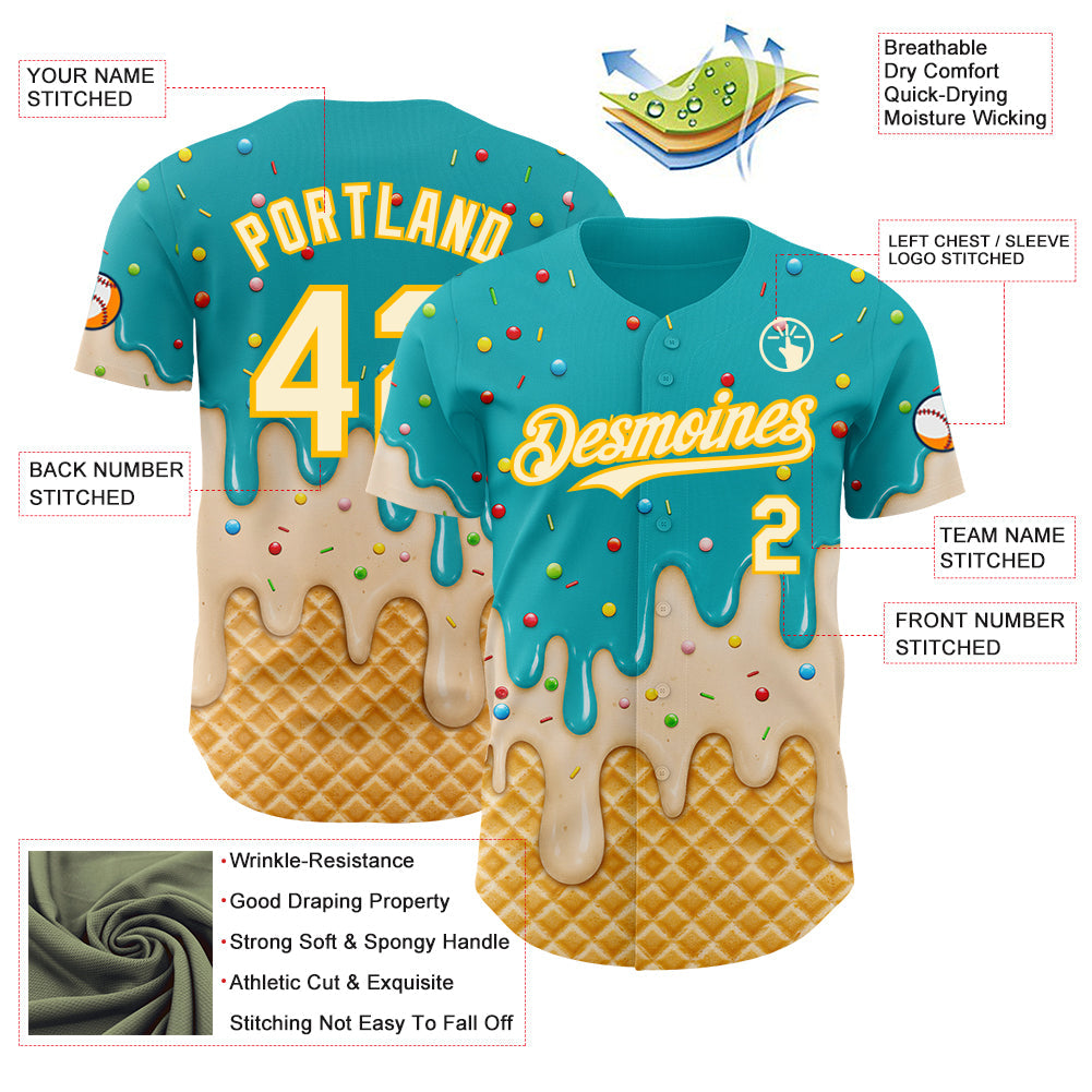 Custom Aqua Cream-Gold Ice Cream Waffle Foodie Dessert Authentic Baseball Jersey view 4