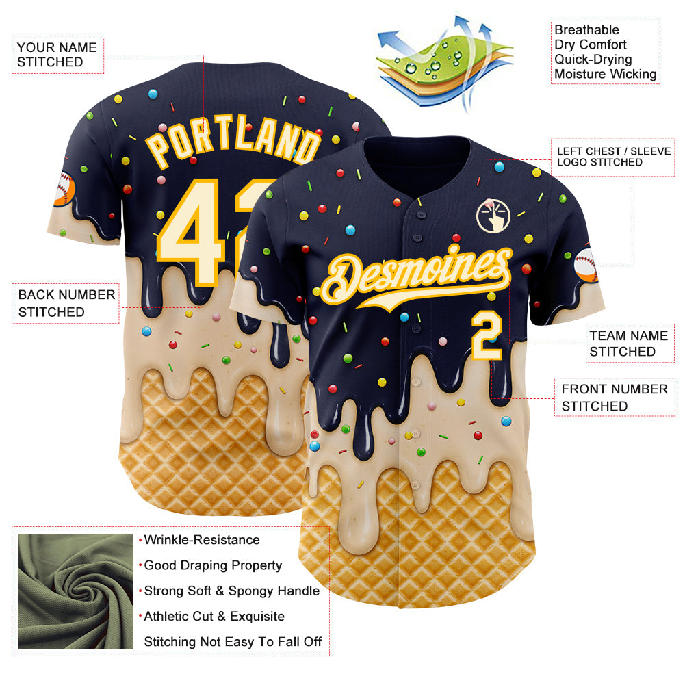 Custom Navy Cream-Gold Ice Cream Waffle Foodie Dessert Authentic Baseball Jersey view 4