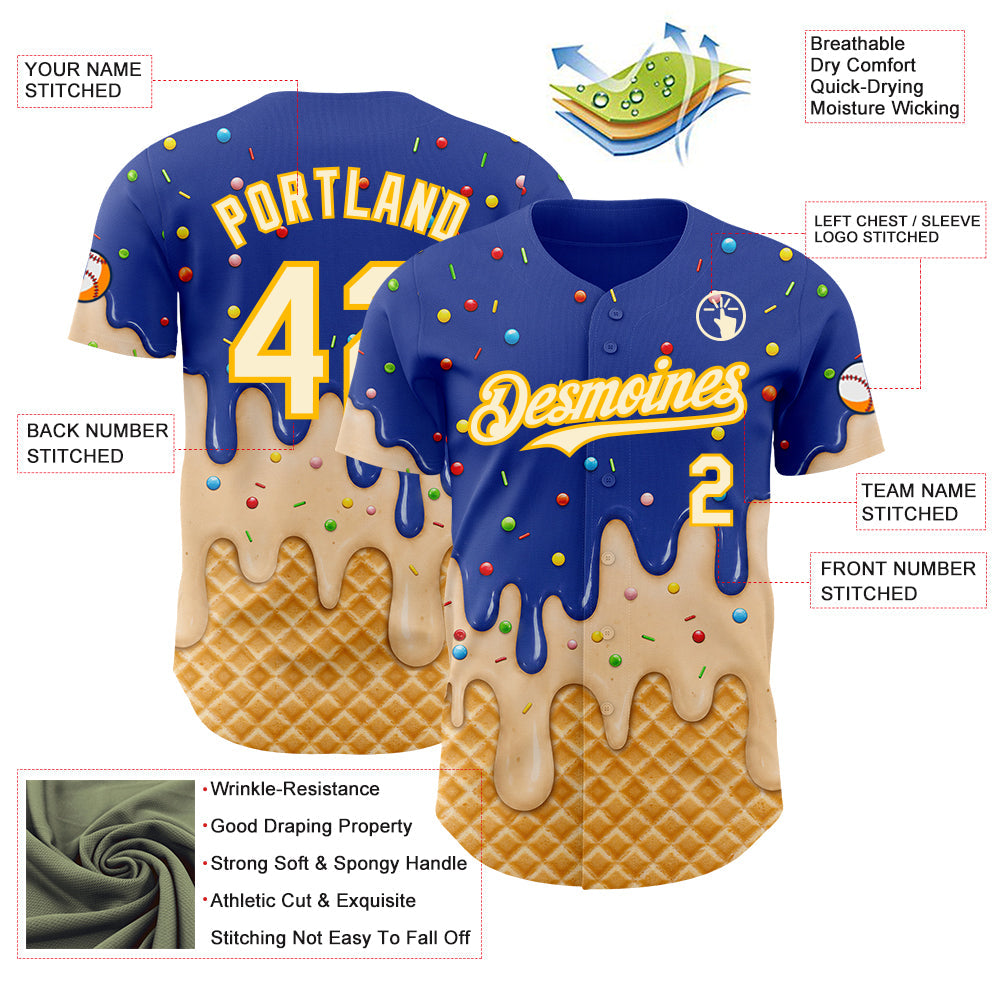 Custom Royal Cream-Gold Ice Cream Waffle Foodie Dessert Authentic Baseball Jersey view 4