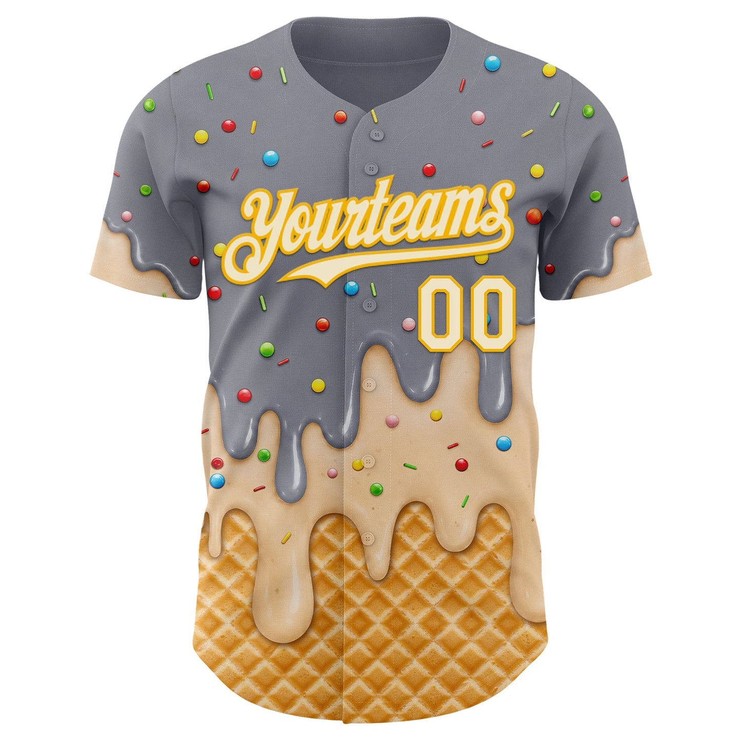 Custom Gray Cream-Gold Ice Cream Waffle Foodie Dessert Authentic Baseball Jersey view 3