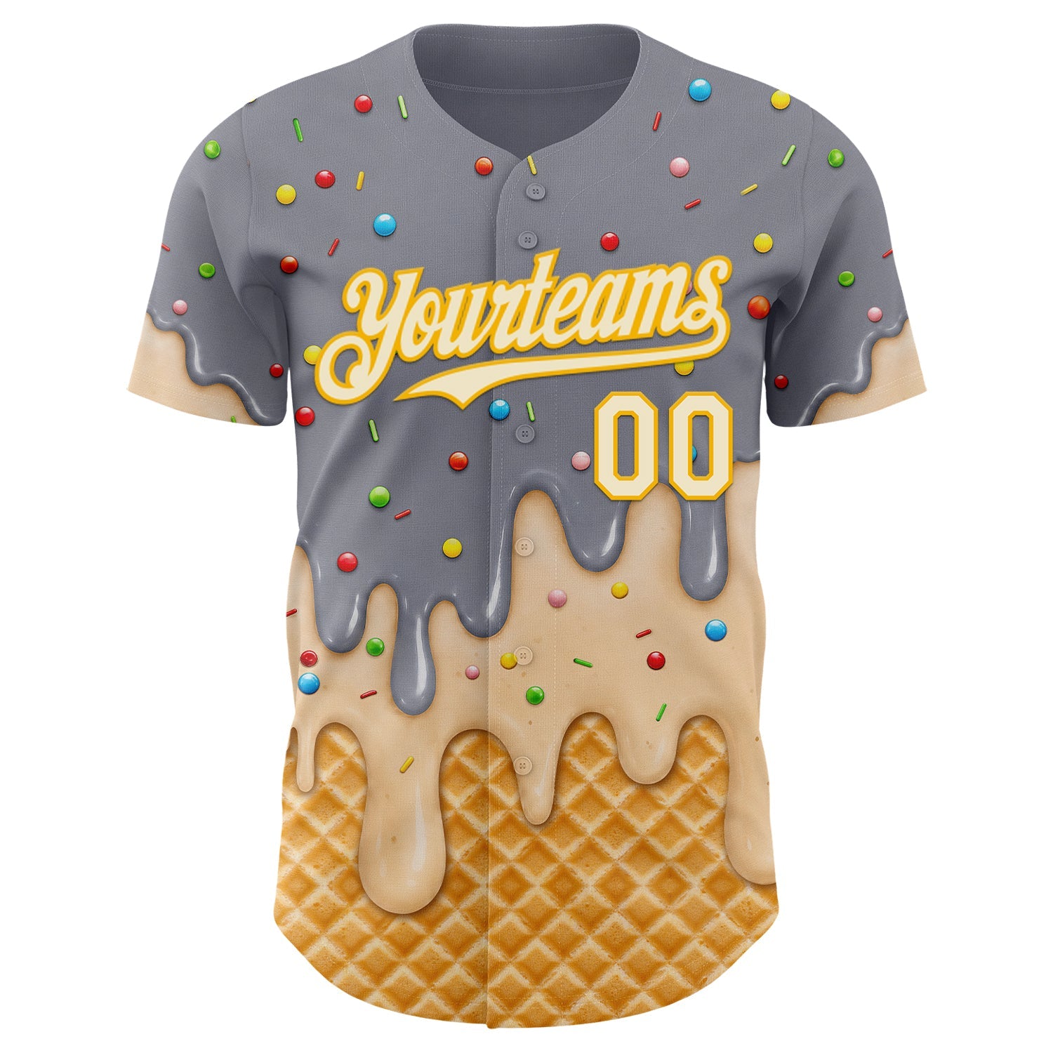 Custom Gray Cream-Gold Ice Cream Waffle Foodie Dessert Authentic Baseball Jersey view 3