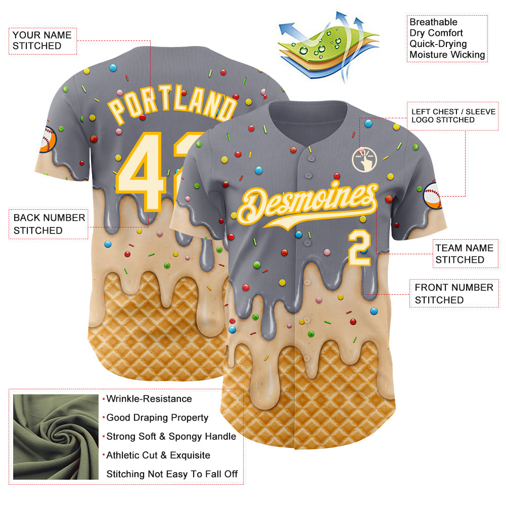Custom Gray Cream-Gold Ice Cream Waffle Foodie Dessert Authentic Baseball Jersey view 4
