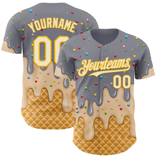 Custom Gray Cream-Gold Ice Cream Waffle Foodie Dessert Authentic Baseball Jersey - Main View
