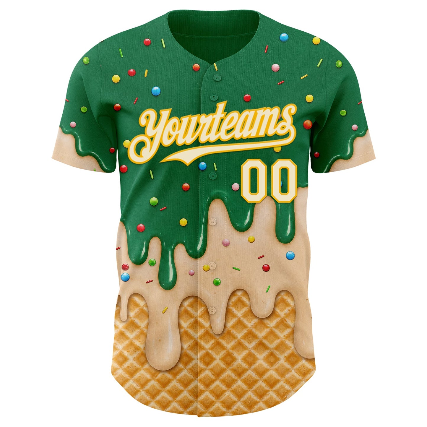 Custom Kelly Green Cream-Gold Ice Cream Waffle Foodie Dessert Authentic Baseball Jersey view 3