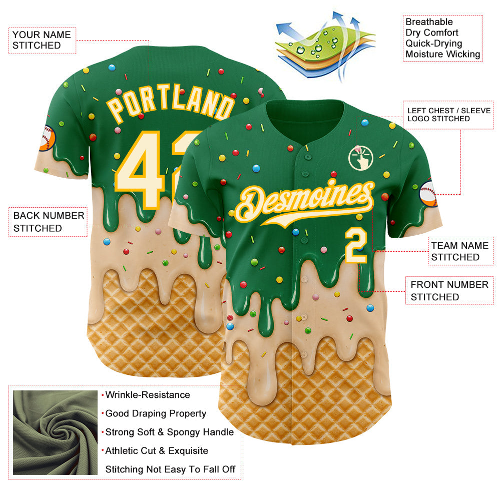 Custom Kelly Green Cream-Gold Ice Cream Waffle Foodie Dessert Authentic Baseball Jersey view 4