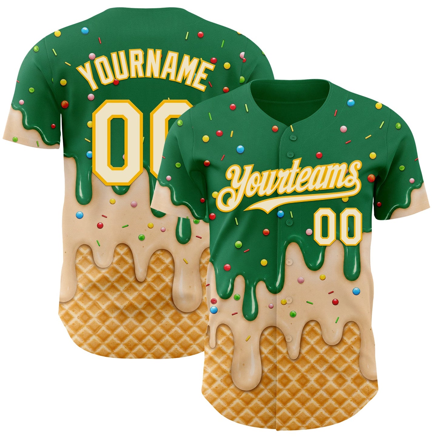 Custom Kelly Green Cream-Gold Ice Cream Waffle Foodie Dessert Authentic Baseball Jersey - Main View