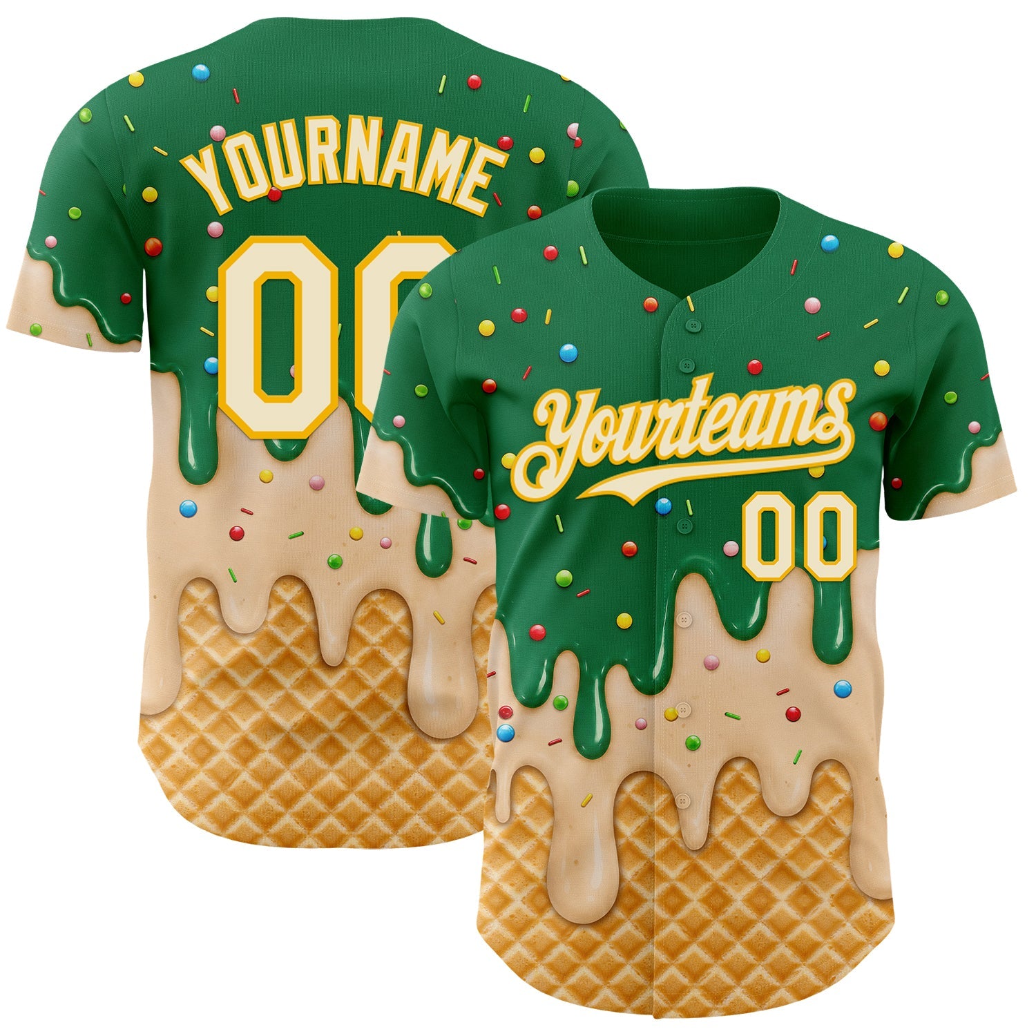 Custom Kelly Green Cream-Gold Ice Cream Waffle Foodie Dessert Authentic Baseball Jersey - Main View