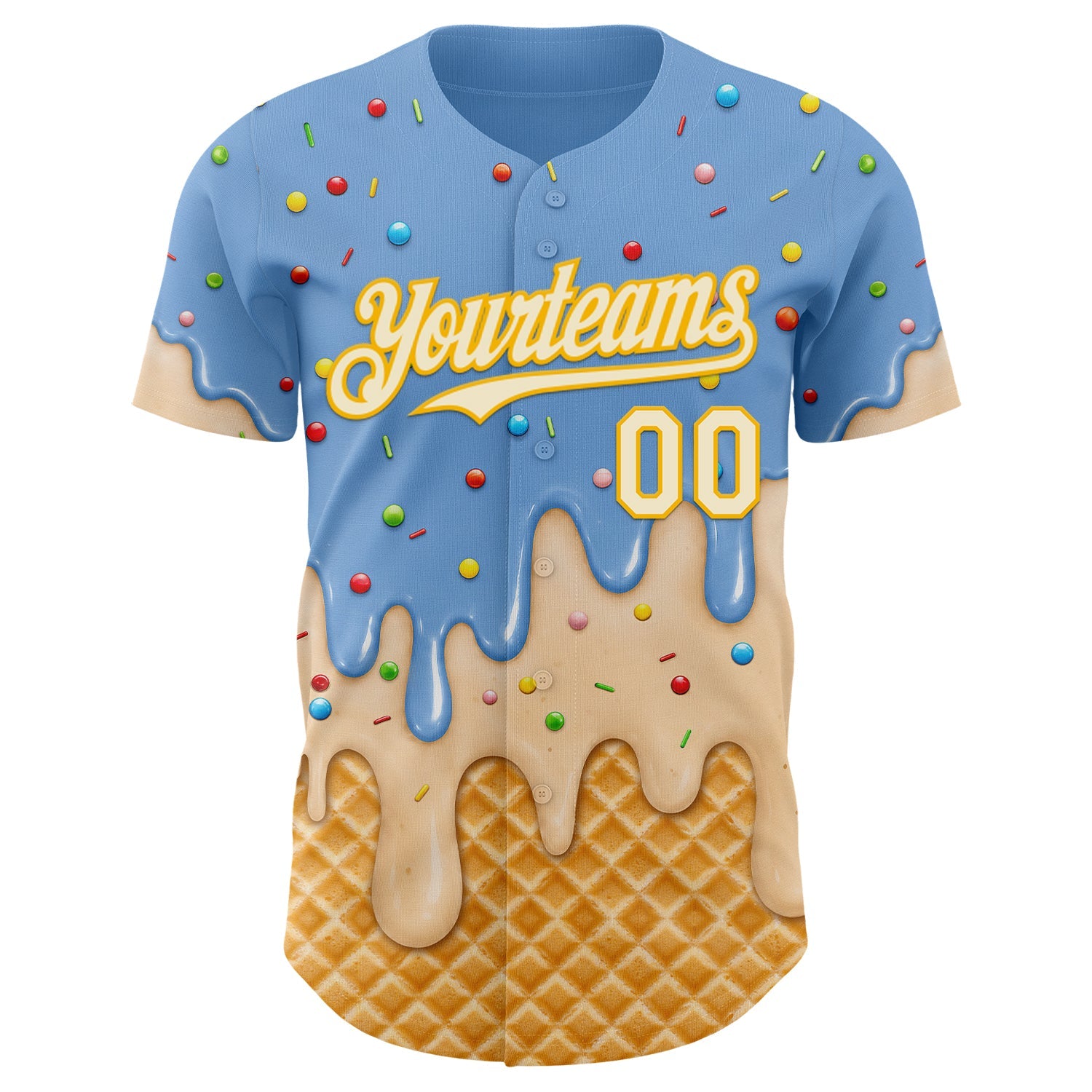 Custom Light Blue Cream-Gold Ice Cream Waffle Foodie Dessert Authentic Baseball Jersey view 3