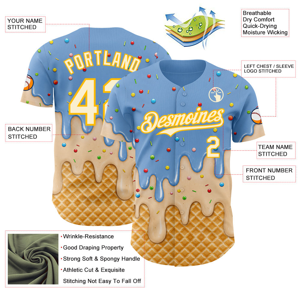 Custom Light Blue Cream-Gold Ice Cream Waffle Foodie Dessert Authentic Baseball Jersey view 4