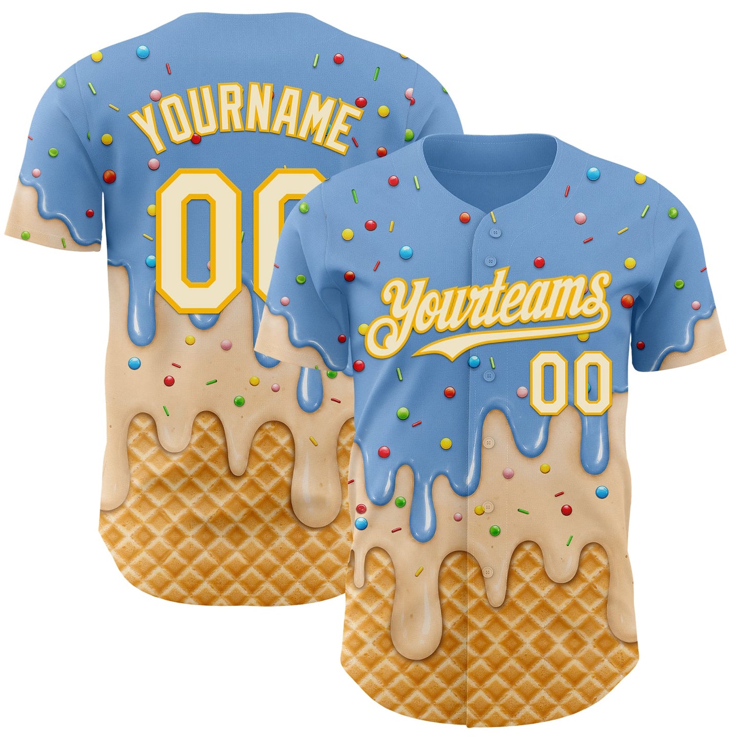 Custom Light Blue Cream-Gold Ice Cream Waffle Foodie Dessert Authentic Baseball Jersey - Main View