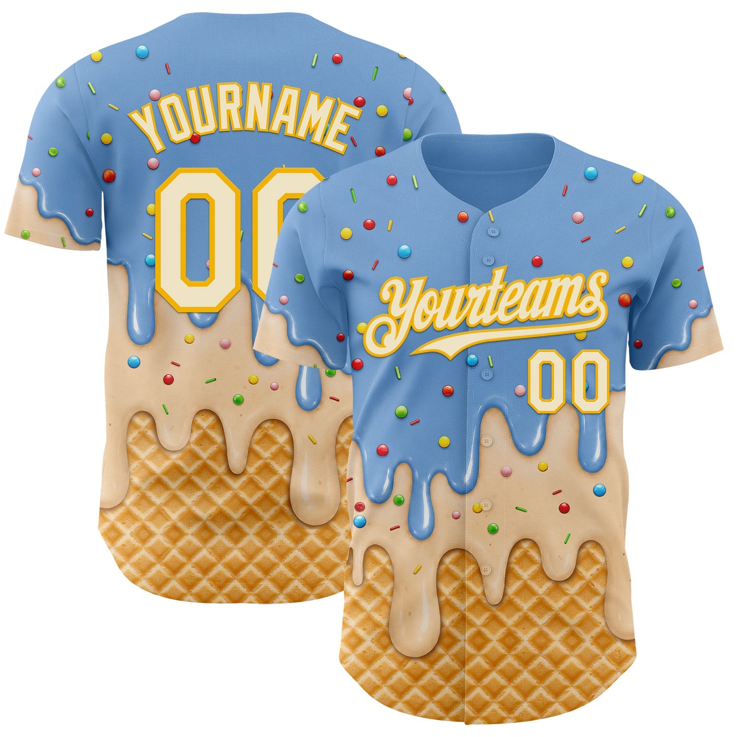 Custom Light Blue Cream-Gold Ice Cream Waffle Foodie Dessert Authentic Baseball Jersey - Main View