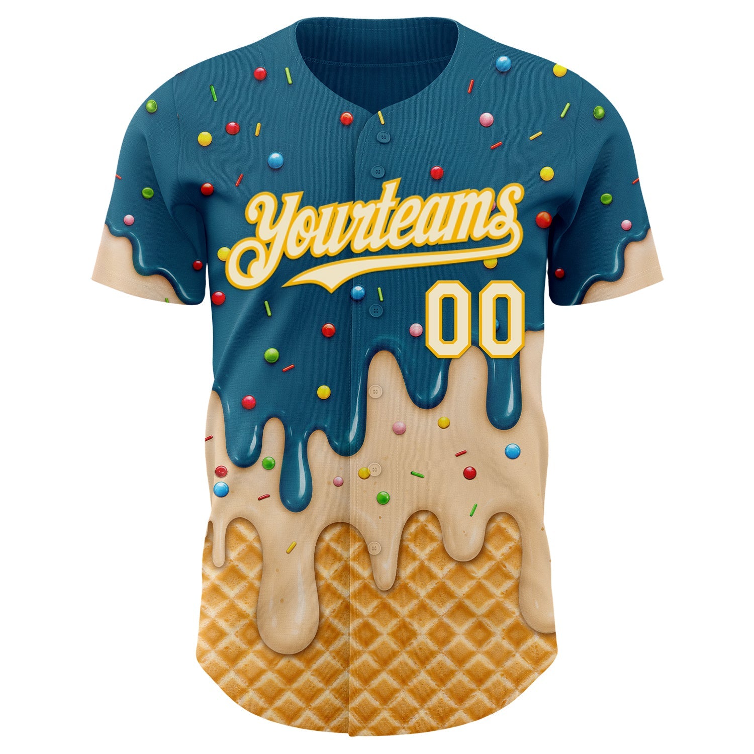 Custom Teal Cream-Gold Ice Cream Waffle Foodie Dessert Authentic Baseball Jersey view 3