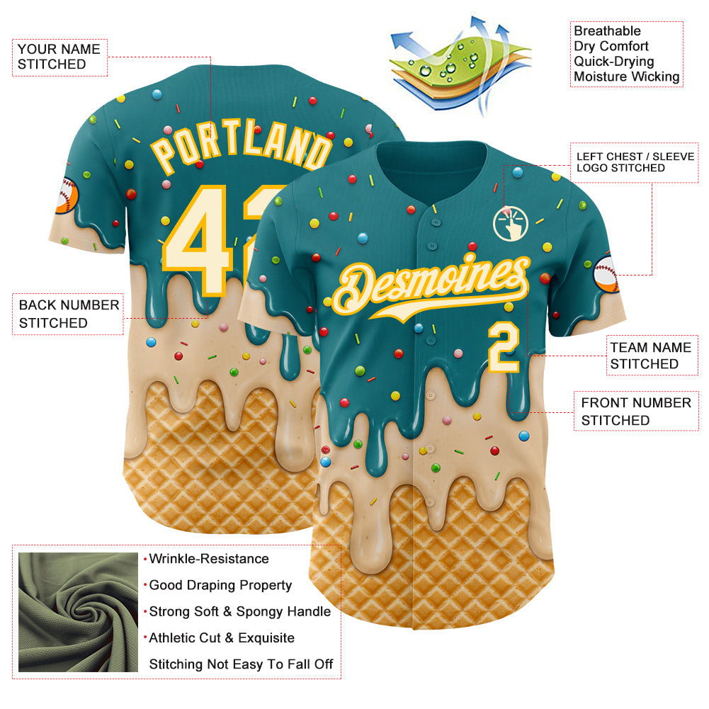 Custom Teal Cream-Gold Ice Cream Waffle Foodie Dessert Authentic Baseball Jersey view 4