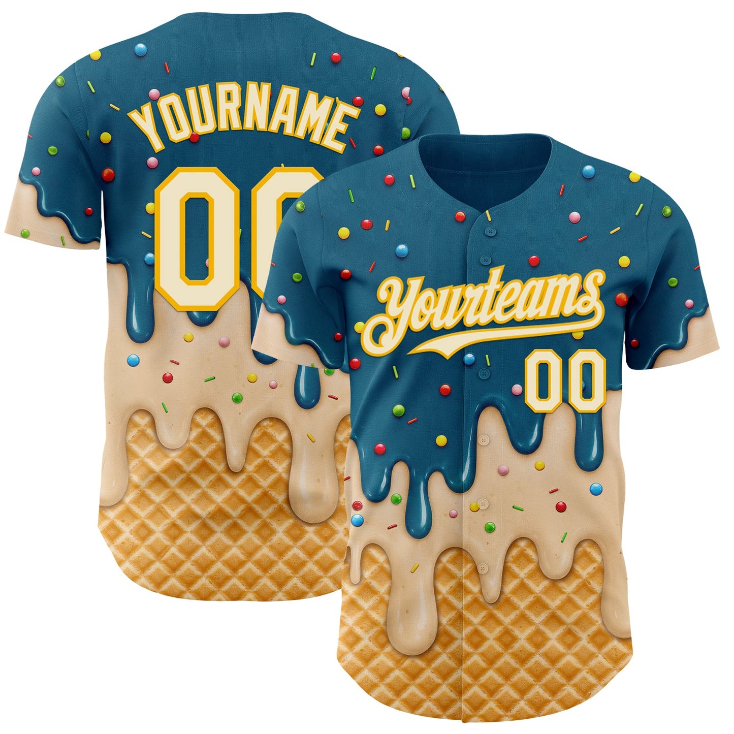 Custom Teal Cream-Gold Ice Cream Waffle Foodie Dessert Authentic Baseball Jersey - Main View
