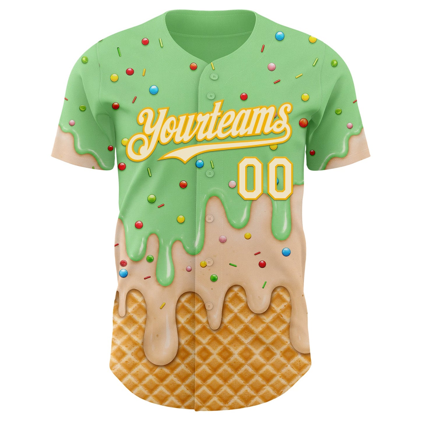 Custom Pea Green Cream-Gold Ice Cream Waffle Foodie Dessert Authentic Baseball Jersey view 3