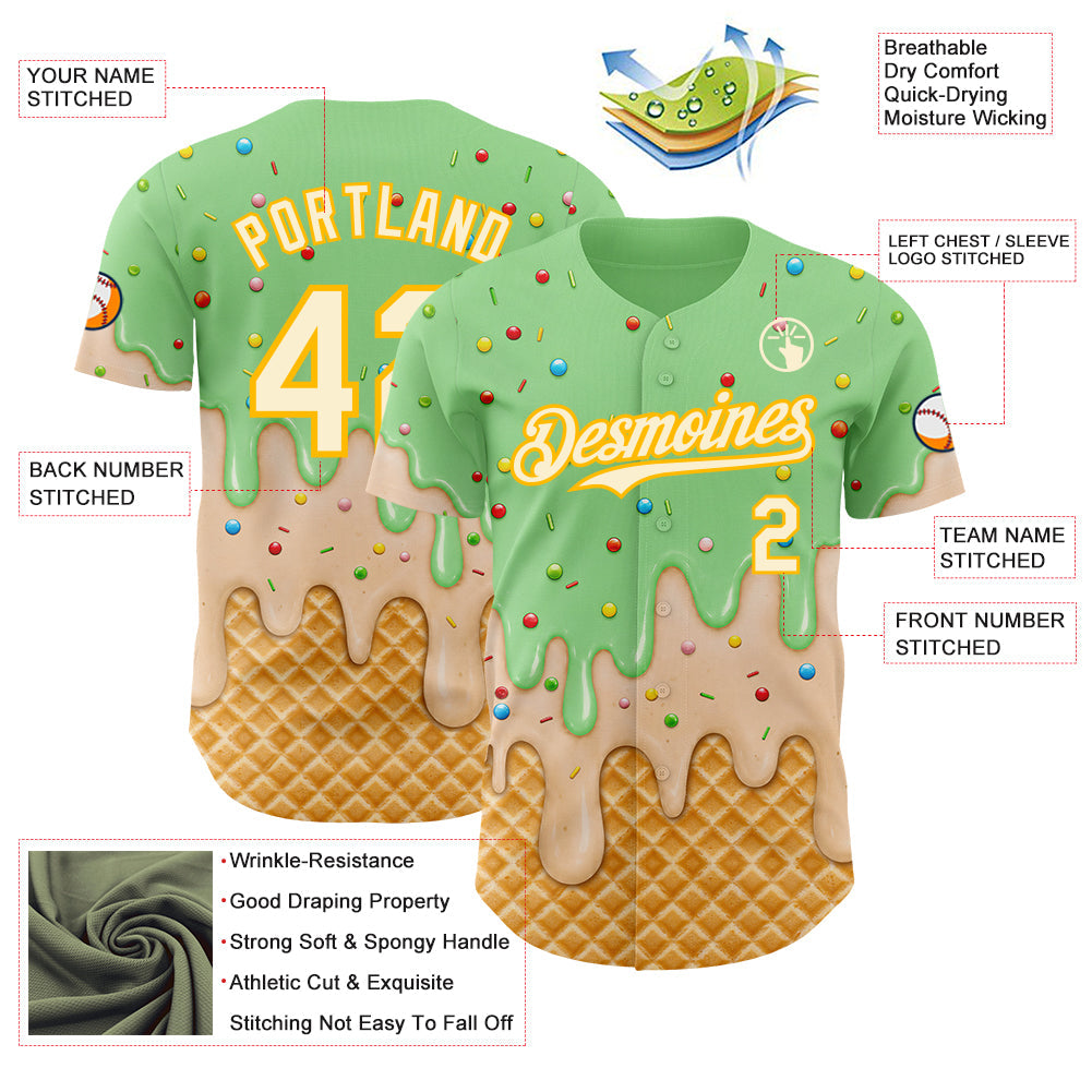 Custom Pea Green Cream-Gold Ice Cream Waffle Foodie Dessert Authentic Baseball Jersey view 4