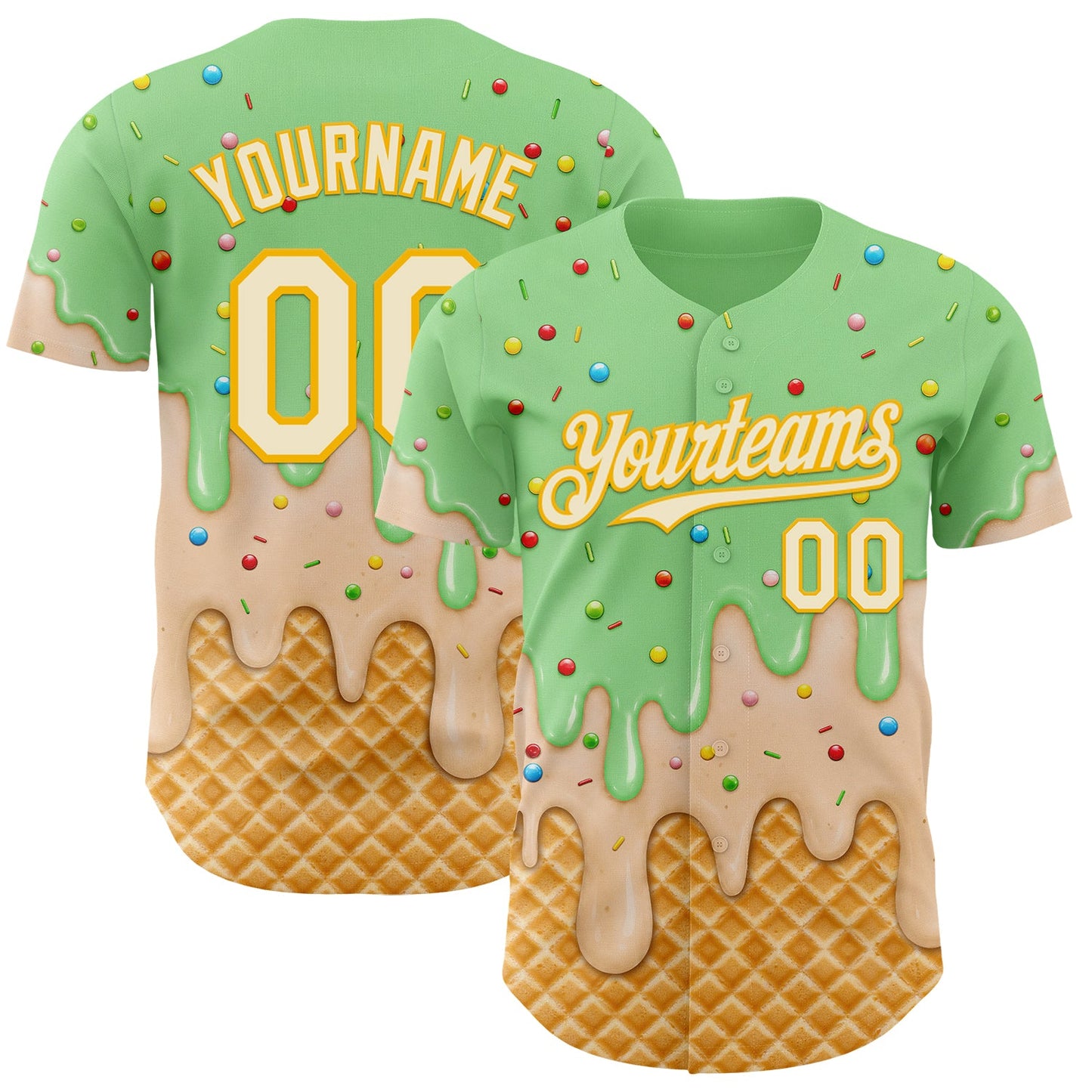 Custom Pea Green Cream-Gold Ice Cream Waffle Foodie Dessert Authentic Baseball Jersey - Main View