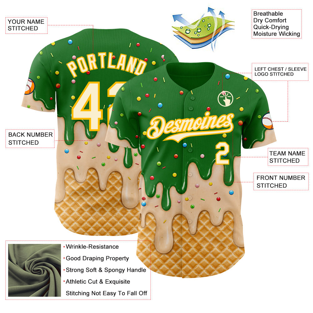 Custom Grass Green Cream-Gold Ice Cream Waffle Foodie Dessert Authentic Baseball Jersey view 4