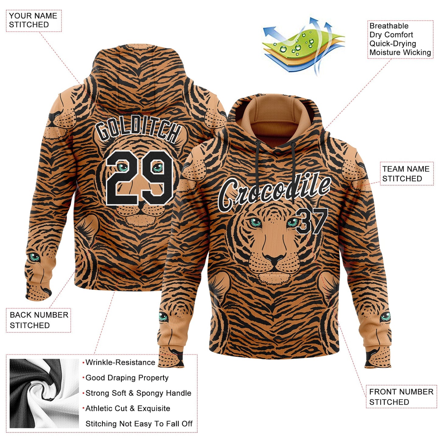 Custom Stitched Vegas Gold Black-White 3D Pattern Design Tiger Sports Pullover Sweatshirt Hoodie view 2