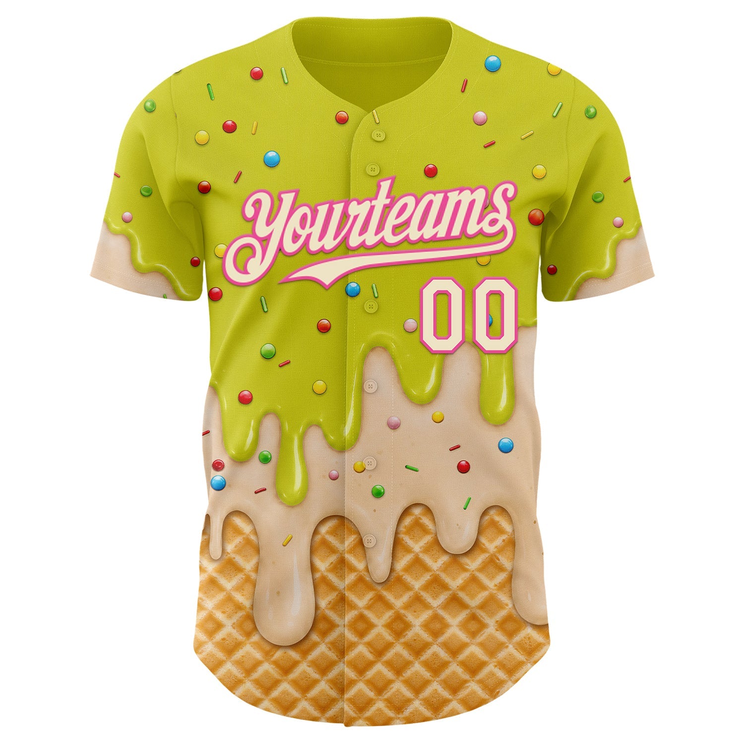 Custom Neon Yellow Cream-Pink Ice Cream Waffle Foodie Dessert Authentic Baseball Jersey view 3