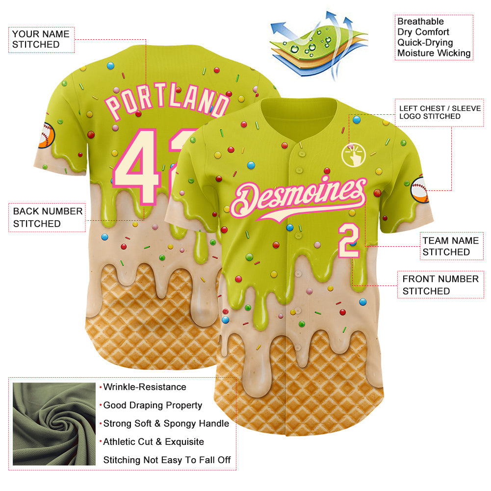 Custom Neon Yellow Cream-Pink Ice Cream Waffle Foodie Dessert Authentic Baseball Jersey view 4