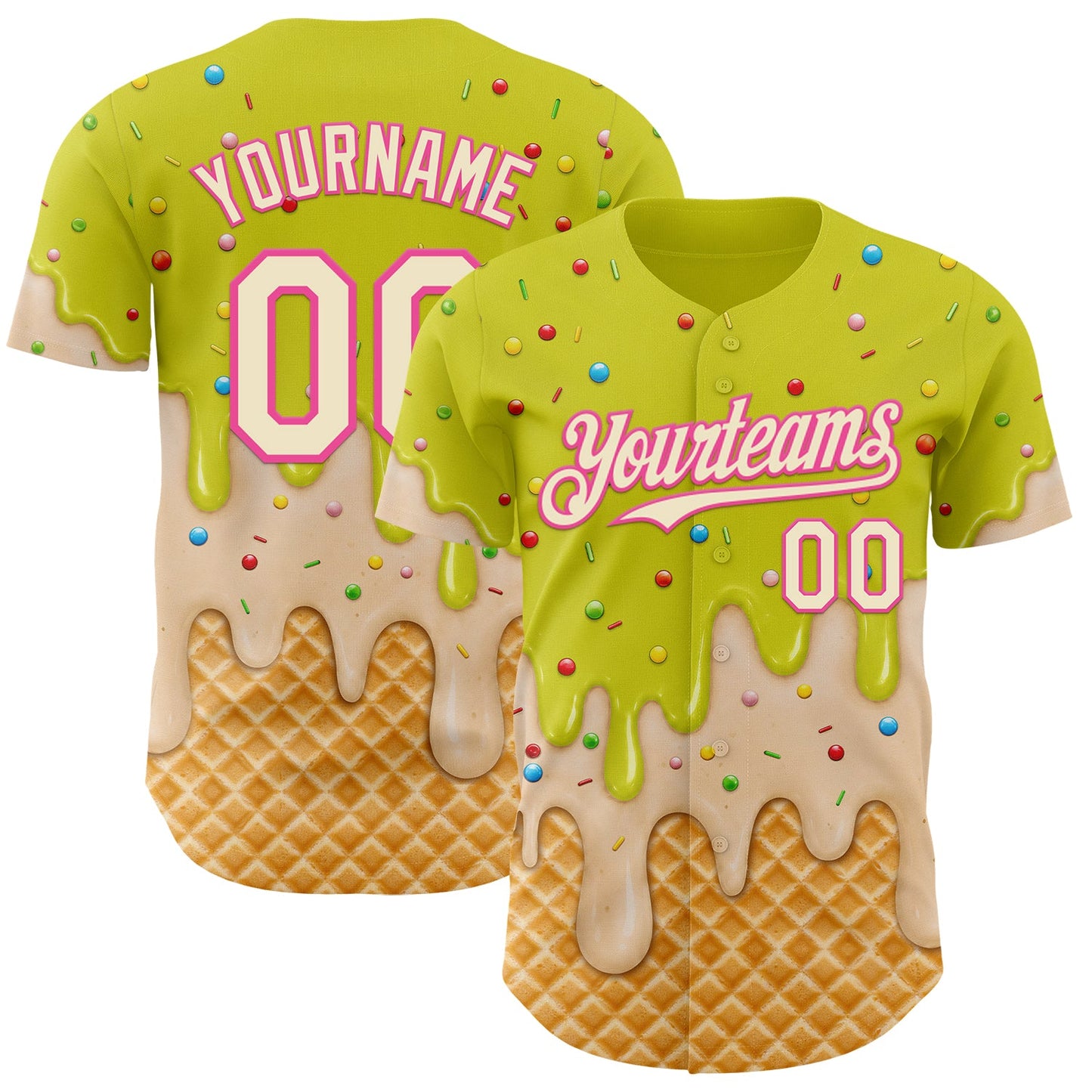 Custom Neon Yellow Cream-Pink Ice Cream Waffle Foodie Dessert Authentic Baseball Jersey - Main View