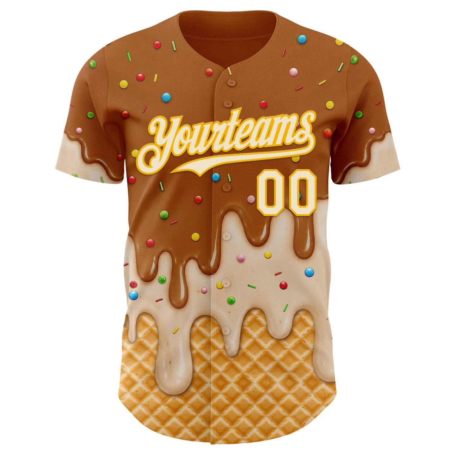 Custom Chocolate Brown Cream-Gold Ice Cream Waffle Foodie Dessert Authentic Baseball Jersey view 3