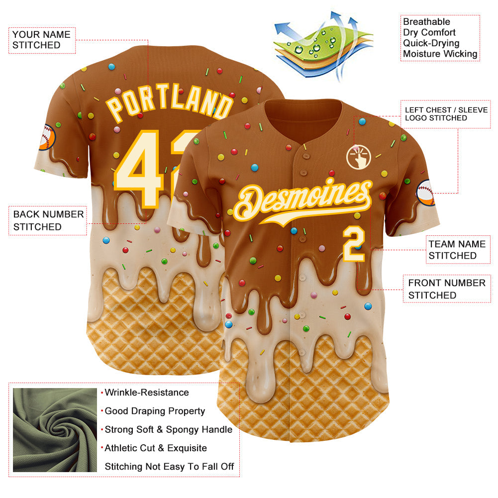 Custom Chocolate Brown Cream-Gold Ice Cream Waffle Foodie Dessert Authentic Baseball Jersey view 4