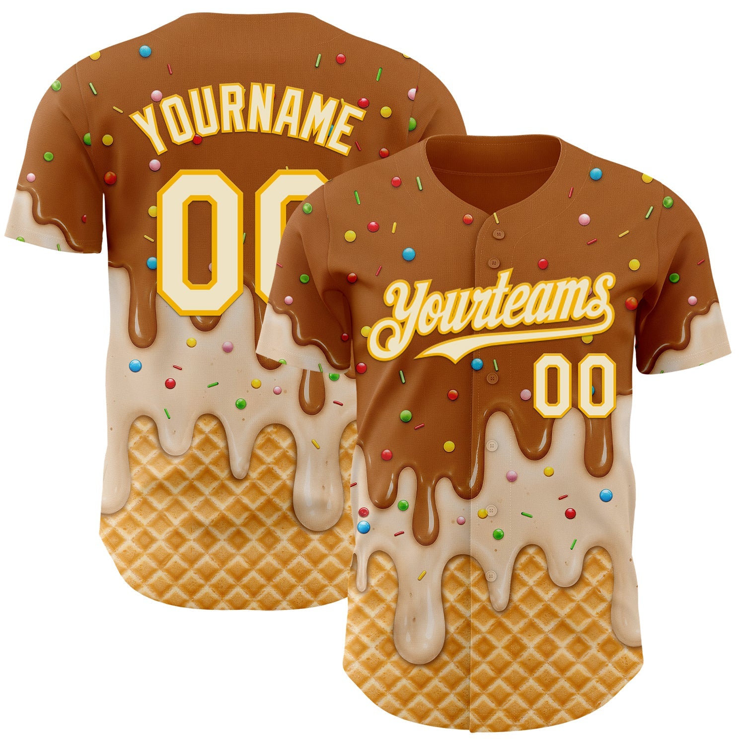 Custom Chocolate Brown Cream-Gold Ice Cream Waffle Foodie Dessert Authentic Baseball Jersey - Main View