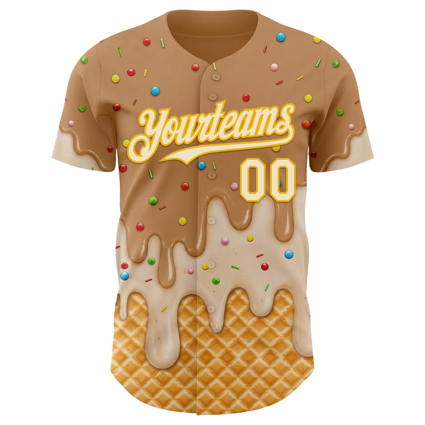 Custom Tan Cream-Gold Ice Cream Waffle Foodie Dessert Authentic Baseball Jersey view 3
