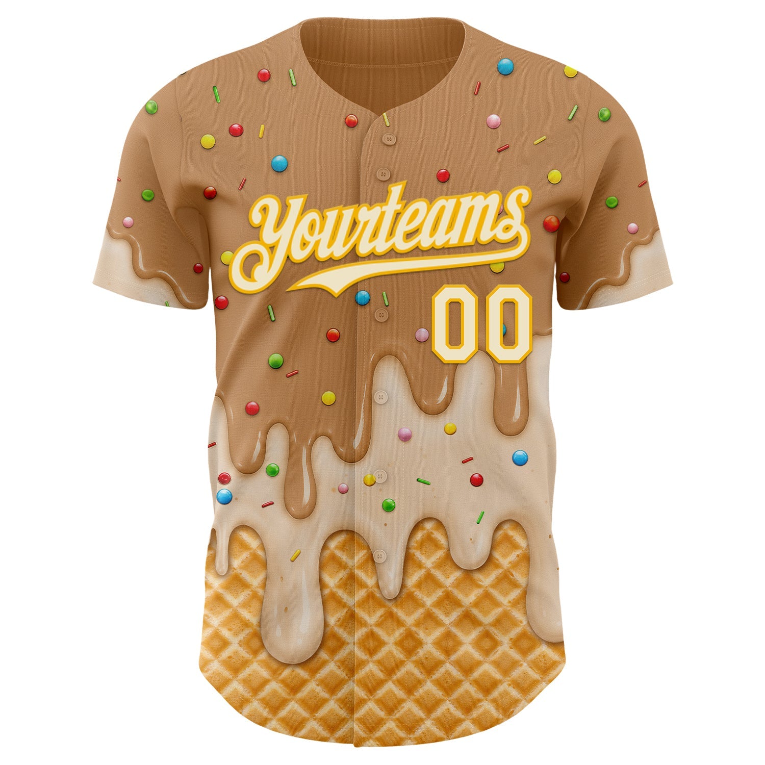 Custom Tan Cream-Gold Ice Cream Waffle Foodie Dessert Authentic Baseball Jersey view 3