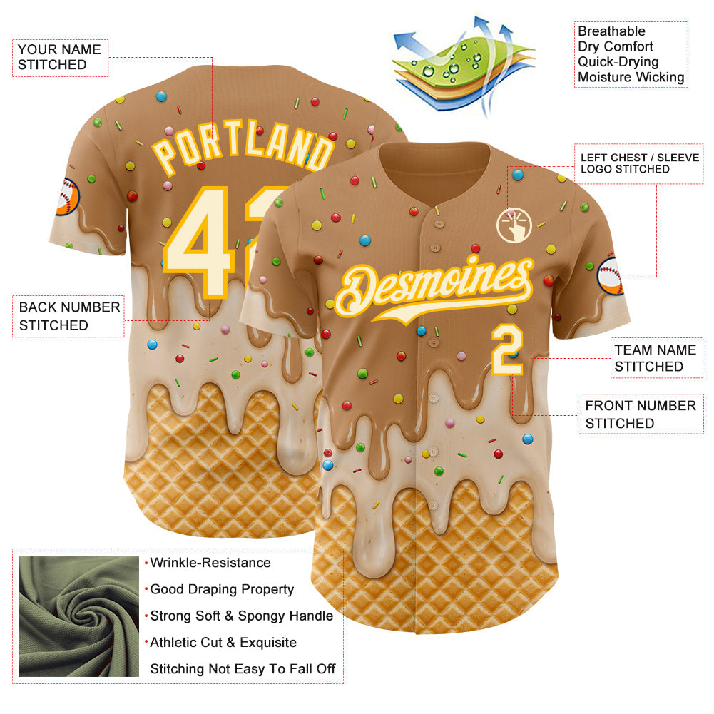 Custom Tan Cream-Gold Ice Cream Waffle Foodie Dessert Authentic Baseball Jersey view 4